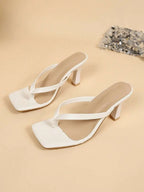 Square Toe Wide Foot Thong Sandals With Thin Heel, Versatile Outdoor Wear Thin Heel Thong Flip Flops For Women, Chic & Elegant