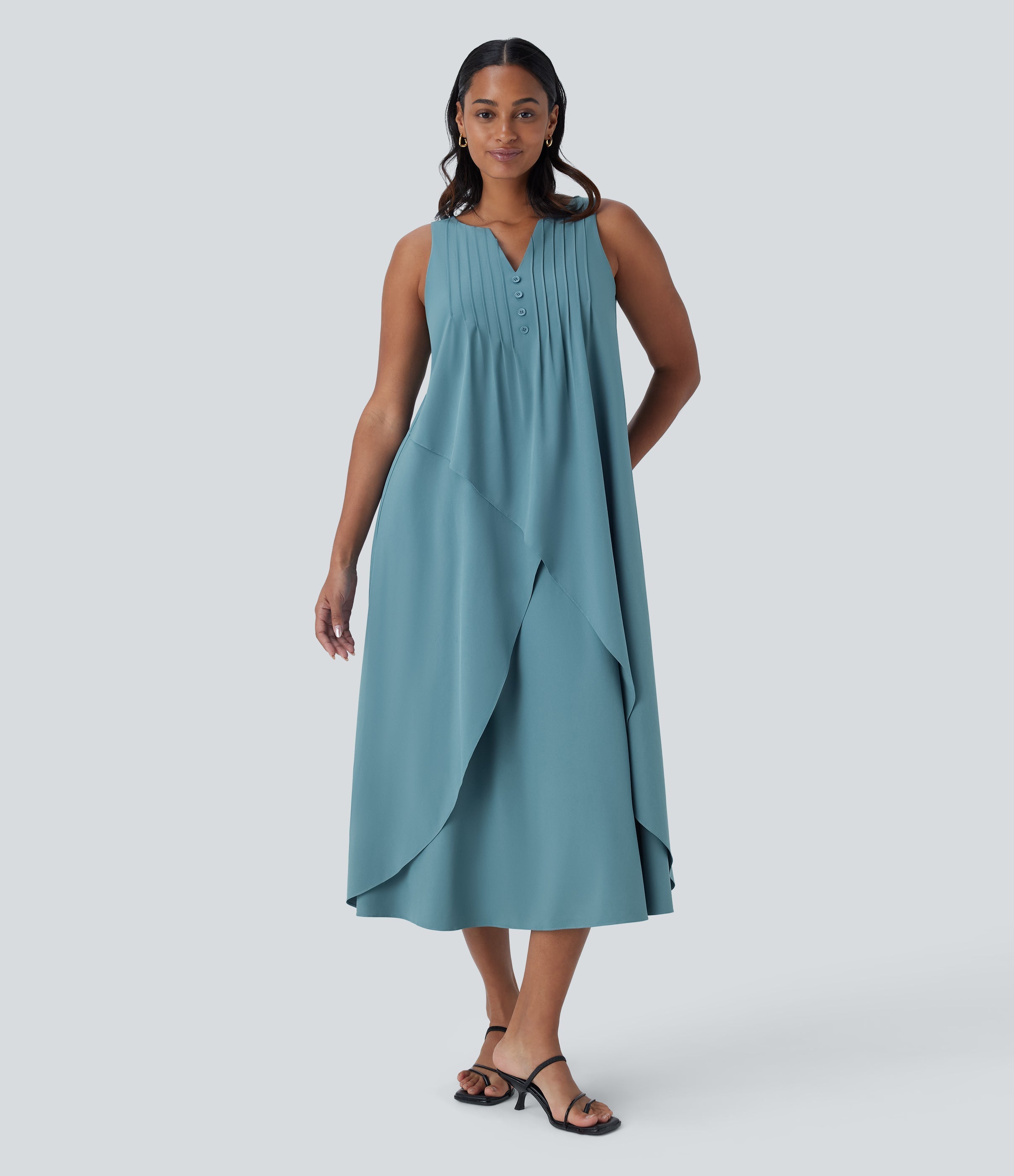 BreezefulTM V Neck Sleeveless Layered Flowy Quick Dry Midi Casual Dress