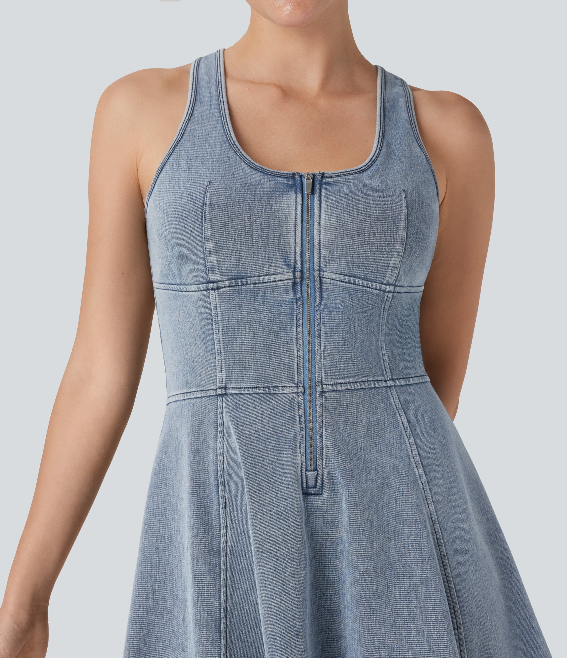 FlexTM Racerback Sleeveless Half Zipper Mini Washed Denim Casual Dress