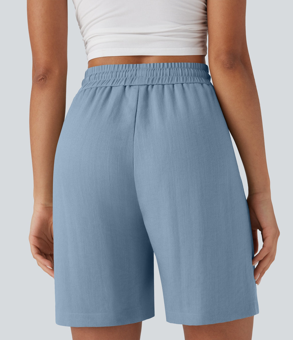 High Waisted Drawstring Casual Linen-Feel Shorts with Pockets
