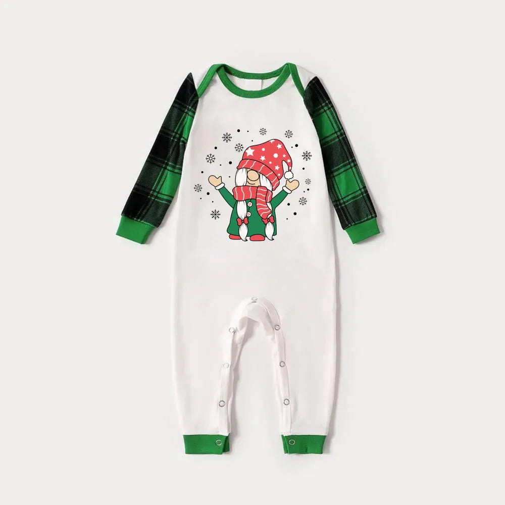 Green Raglan Top Green Plaid Christmas Pajamas Set With Cute Gnome Print