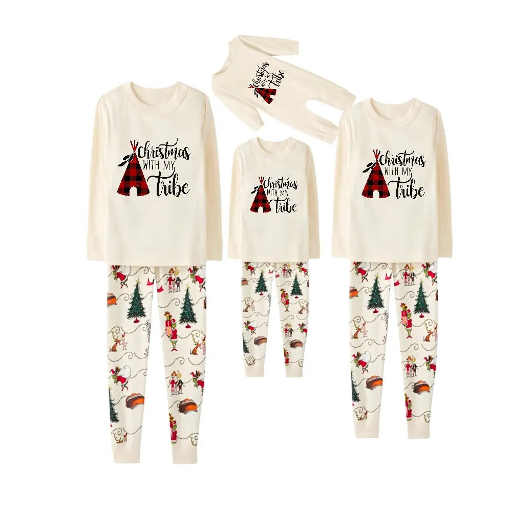 Beige Christmas Pattern Print Christmas Pajamas Set With Christmas Holiday Text Print