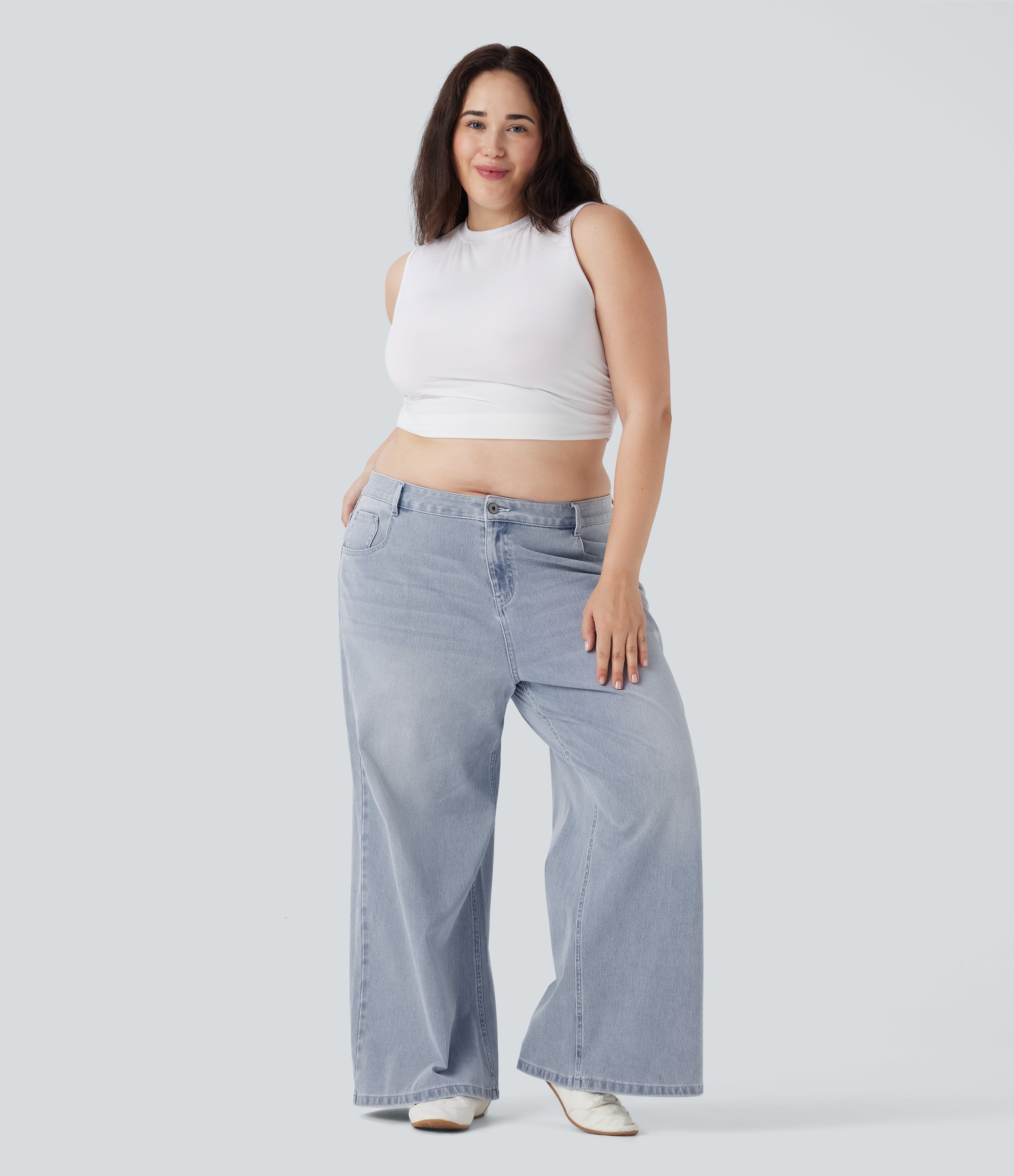 Plus Size FlexTM Low Rise Wide Leg Washed Casual Jeans with Pockets