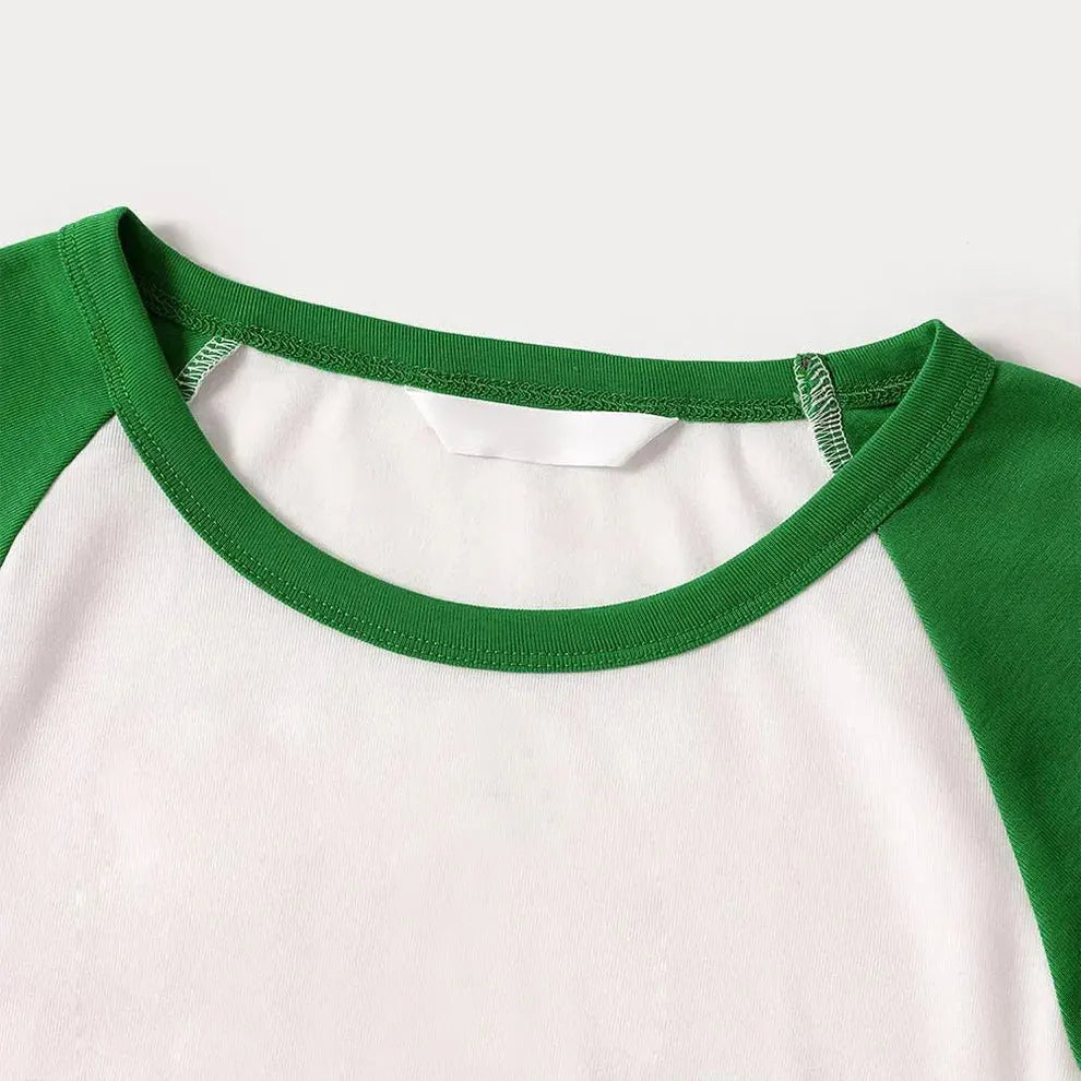 Green Raglan Top Green Plaid Christmas Pajamas Set With "We are Family" Colorful Text Print