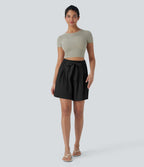 High Waisted Belted Casual Linen-Feel Bermuda Shorts with Pockets