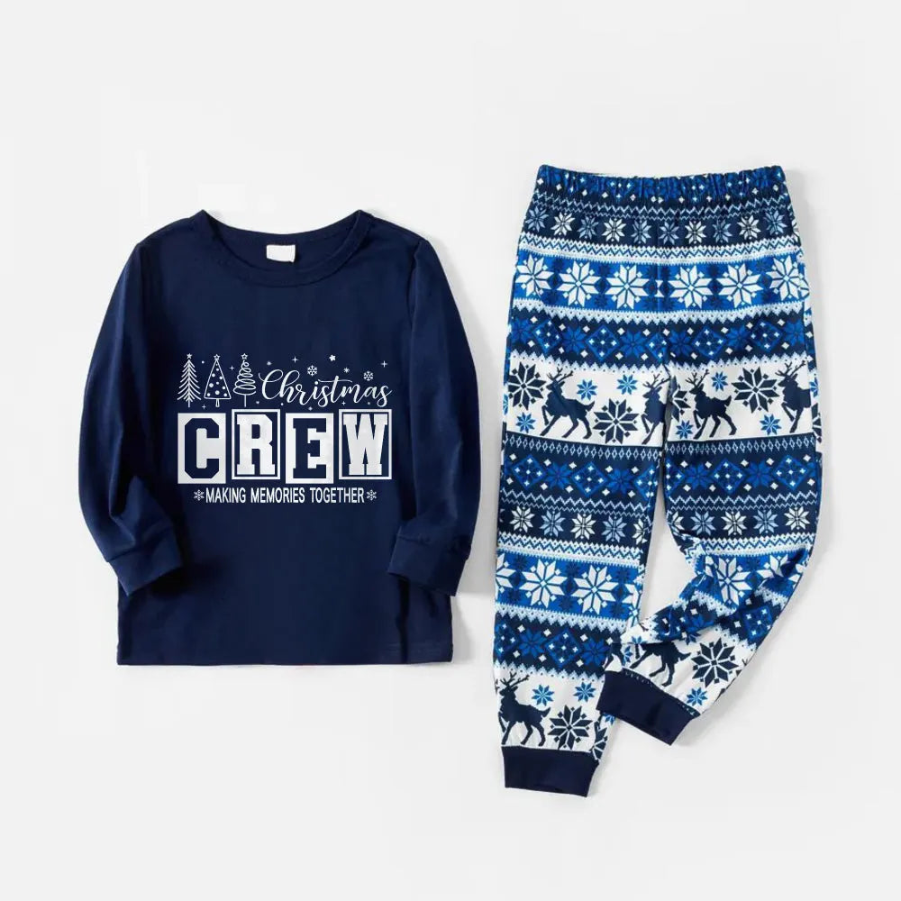 Joyful Blue Christmas Pajamas Set With "Christmas Crew Making Memories Together" Print