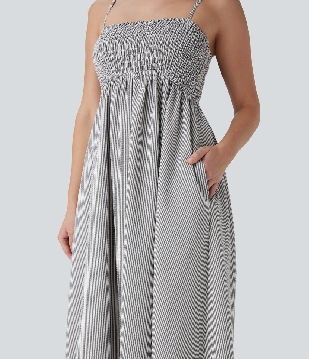 Shirred Stripe Midi Slip Dress with Pockets