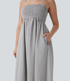 Shirred Stripe Midi Slip Dress with Pockets