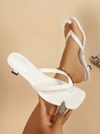 Square Toe Wide Foot Thong Sandals With Thin Heel, Versatile Outdoor Wear Thin Heel Thong Flip Flops For Women, Chic & Elegant