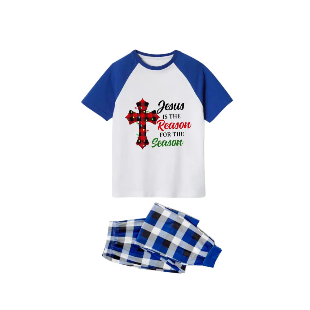 Blue Plaid Short Sleeve Christmas Pajamas Set With "Jesus Is The Reason For The Season" Slogan Print