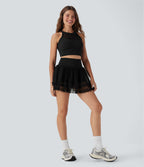 SoCinched High Waisted Tummy Control Contrast Mesh 2-in-1 Mini Dance Skirt with Pockets