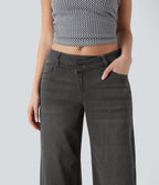 FlexTM Asymmetric Low Rise Zipper Pockets Baggy Wide Leg Washed Casual Jeans