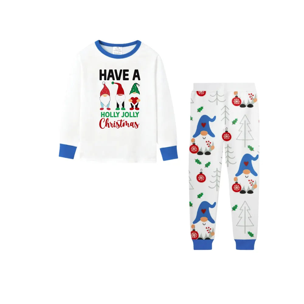 Holiday Christmas Family Blue Pajamas Set with Whimsical Gnome Pattern Print