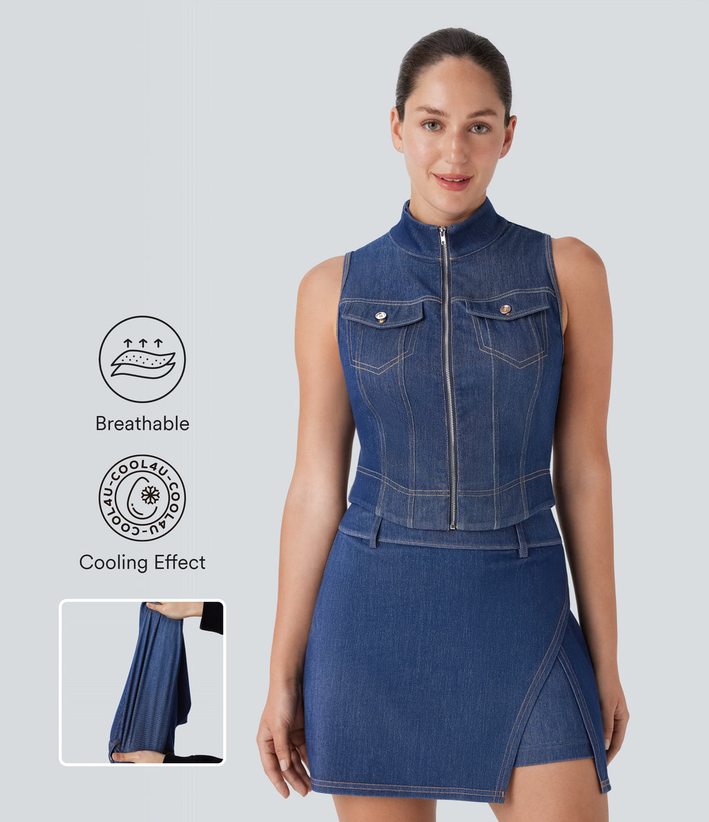 FlexTM Stand Collar Zipper Cool Touch Washed Denim Tennis Tank Top