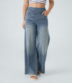 2026🔥 FlexTM High Waisted Multiple Pockets Baggy Wide Leg Washed Stretchy Knit Casual Jeans