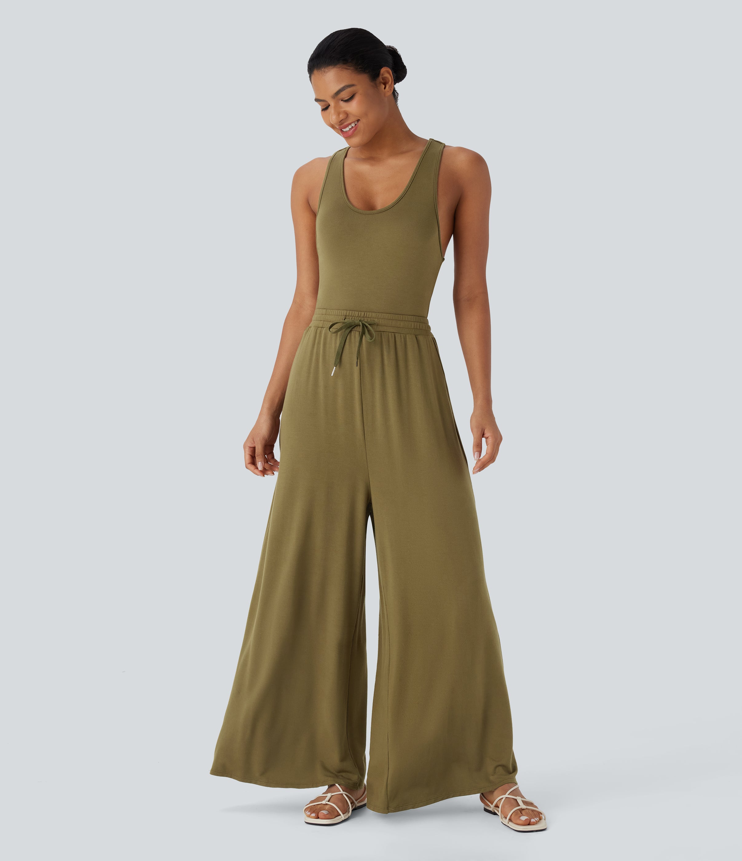 U Neck Racerback Drawstring Casual Jumpsuit with Pockets