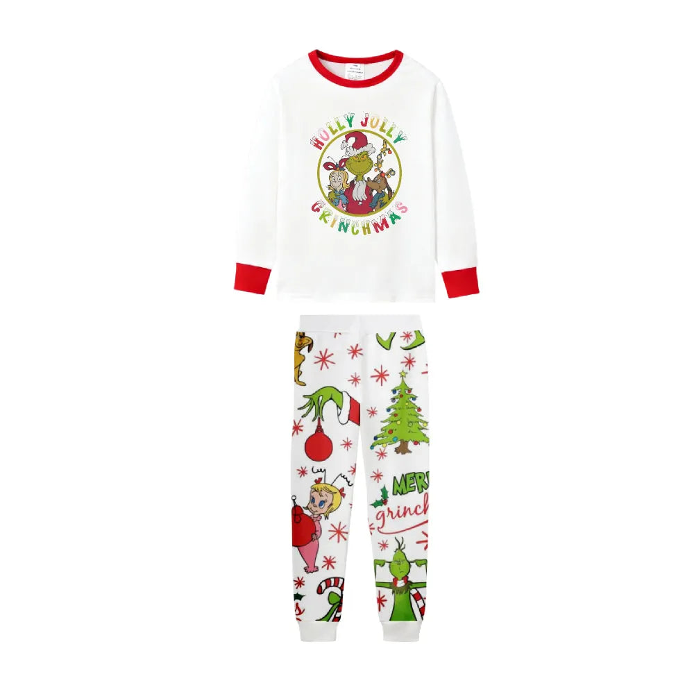 Family Christmas White Pajamas Set With Playful Christmas Character Print