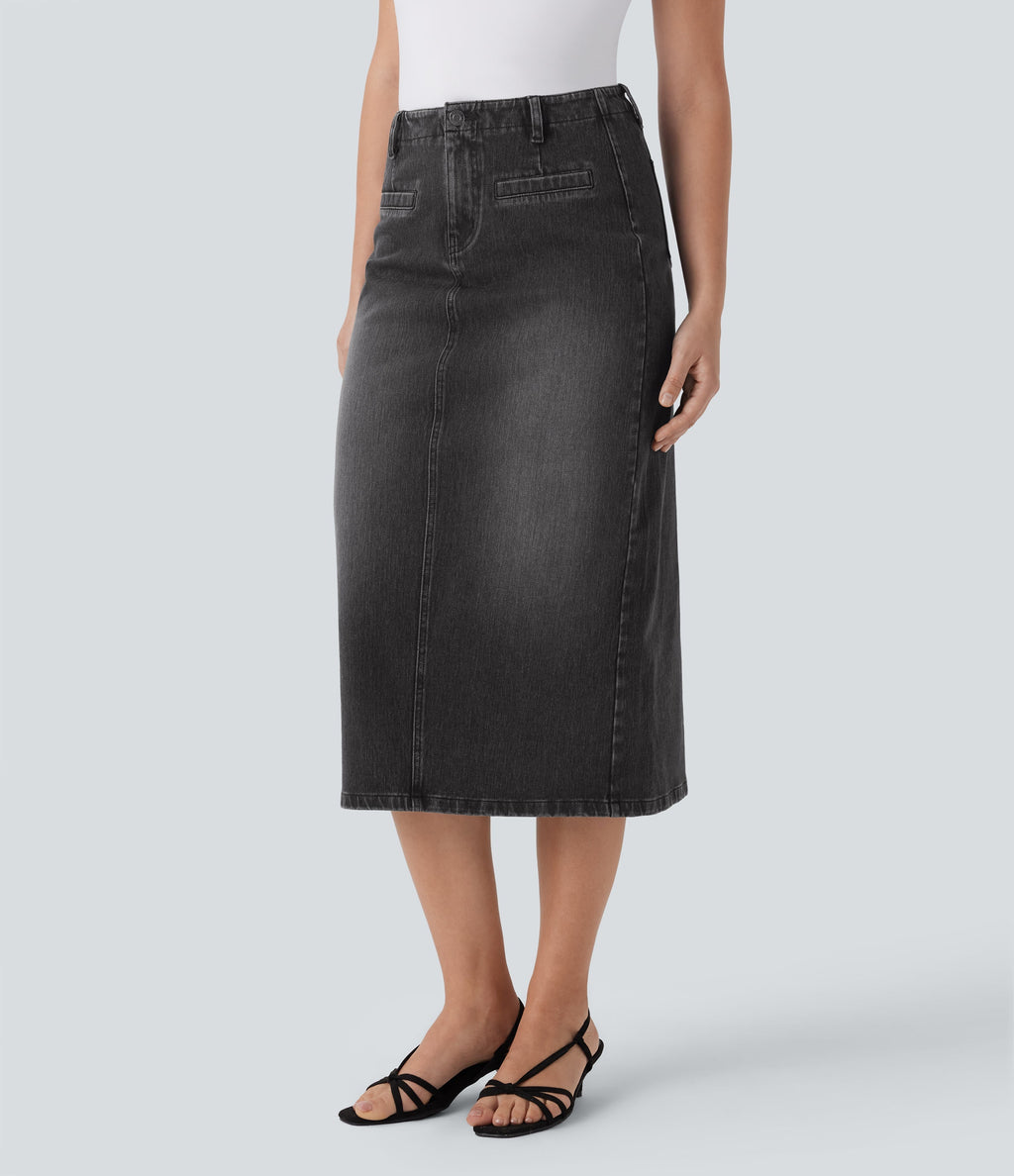 FlexTM Mid Rise Back Midi Washed Denim Casual Straight Skirt with Pockets