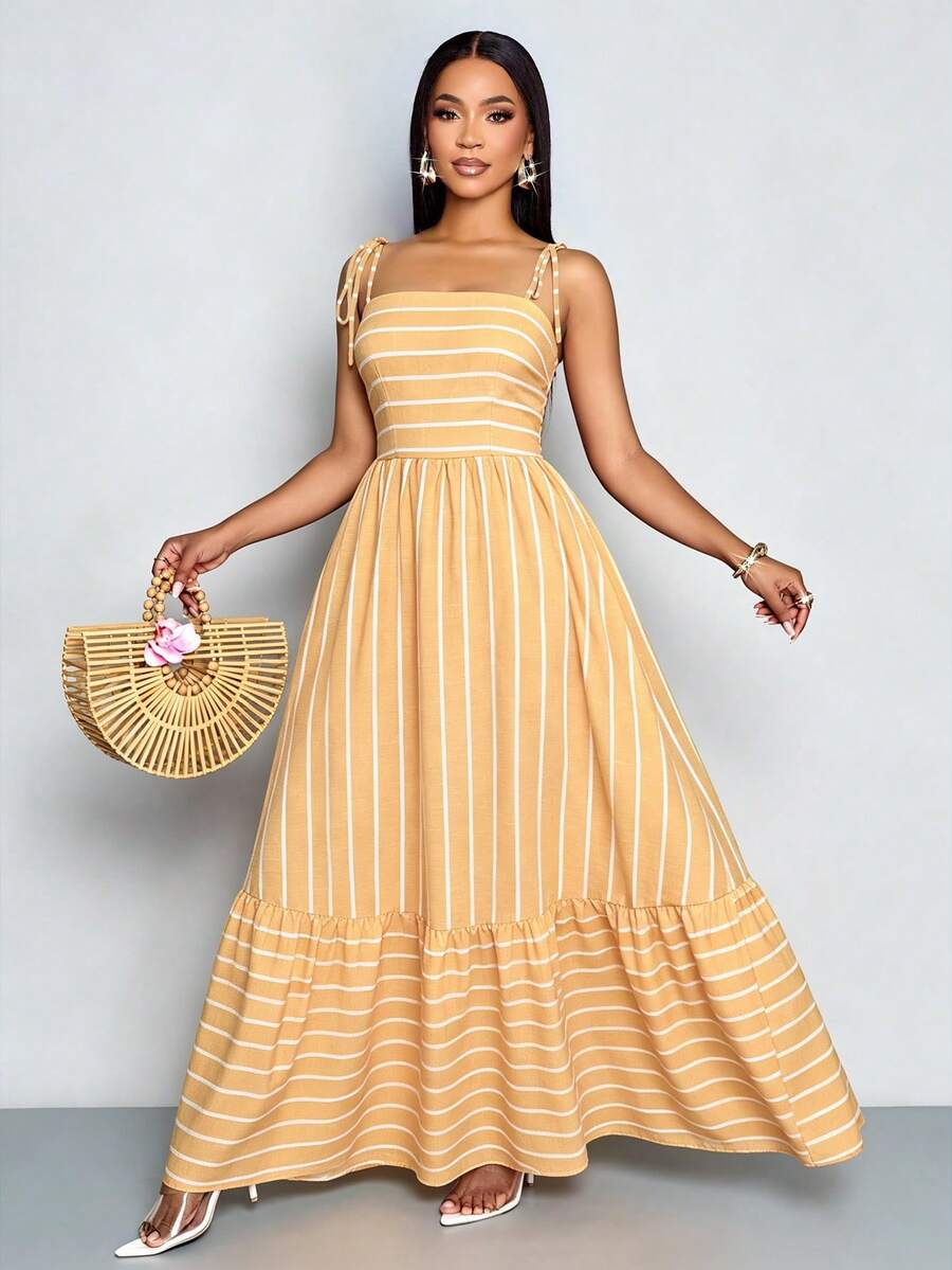 Women's Blue And White Stripe Flowing Maxi Dress,Summer Elegant Holiday Tea Party Holiday,Shoulder Straps Chest Gathering,Beach Casual Gown