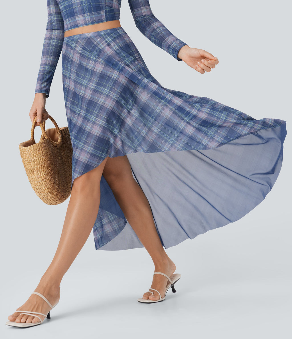 Sheer Mesh High-Waisted High-Low Plaid Maxi Flowy Skirt