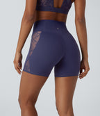 SoftlyZeroTM High Waisted Crossover Contrast Lace Built-in Underwear Yoga Biker Shorts 5'' with Pocket-UPF50+
