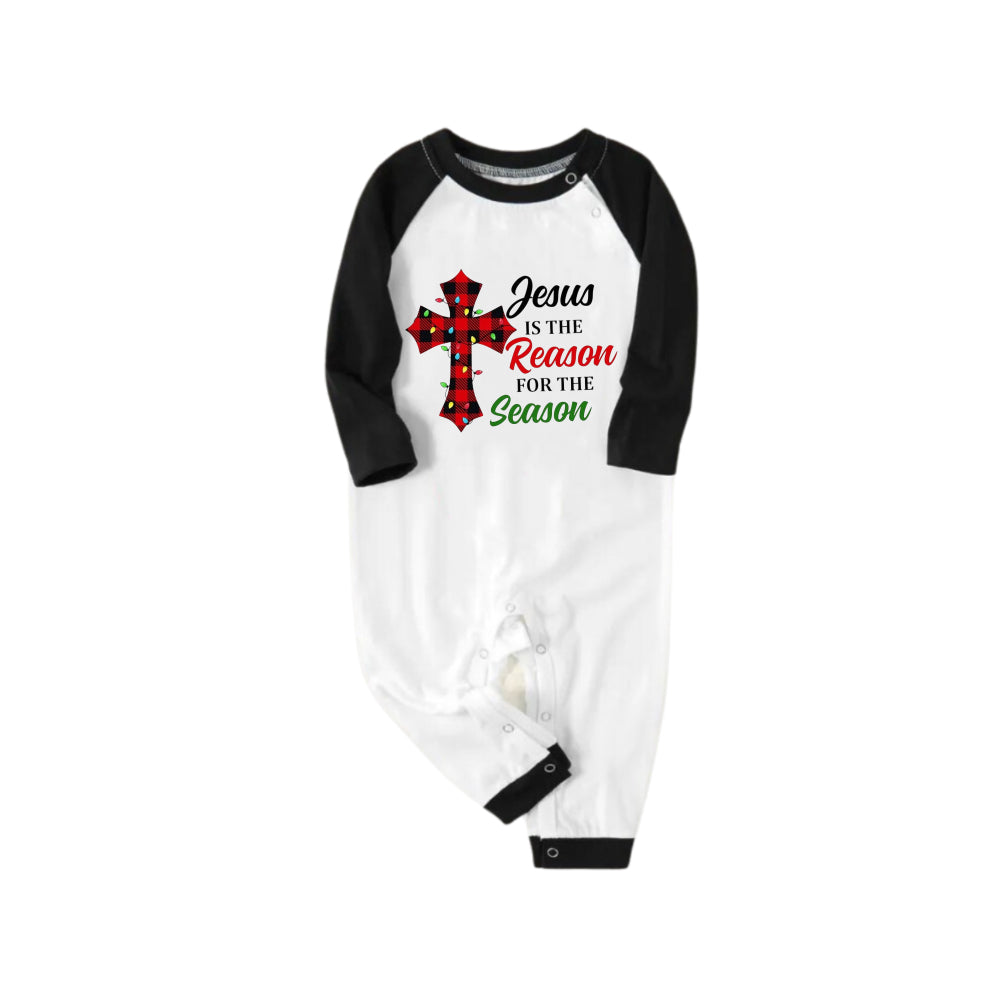 Black Raglan Top Green Plaid Christmas Pajamas Set With "Jesus Is The Reason For The Season" Slogan Print