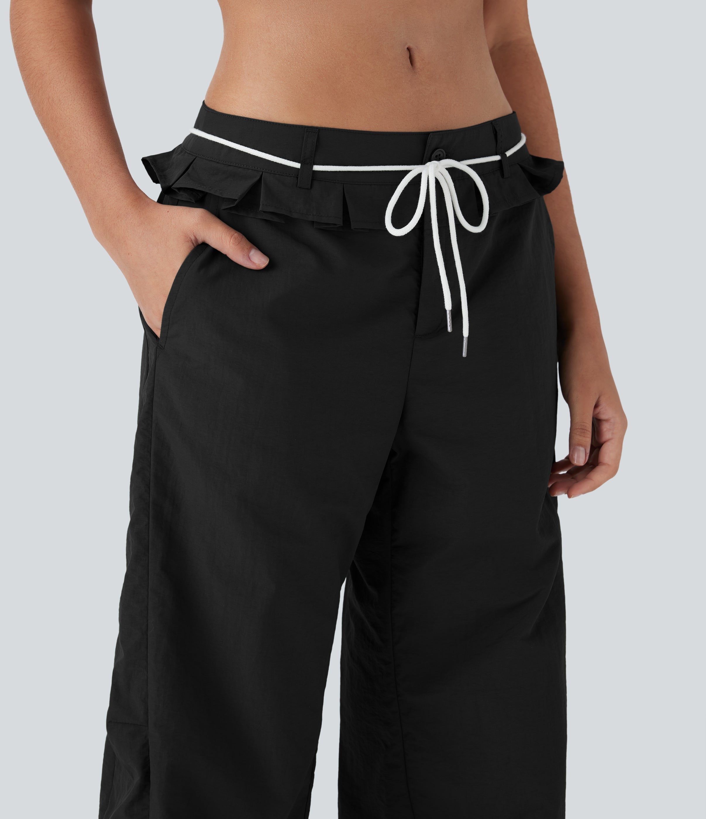 Low Rise Drawstring Ruffle Trim Dance Barrel Leg Pants with Pockets