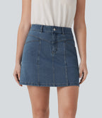 FlexTM Mid Rise A Line Stretchy Knit Denim Mini Casual Skirt with Pockets