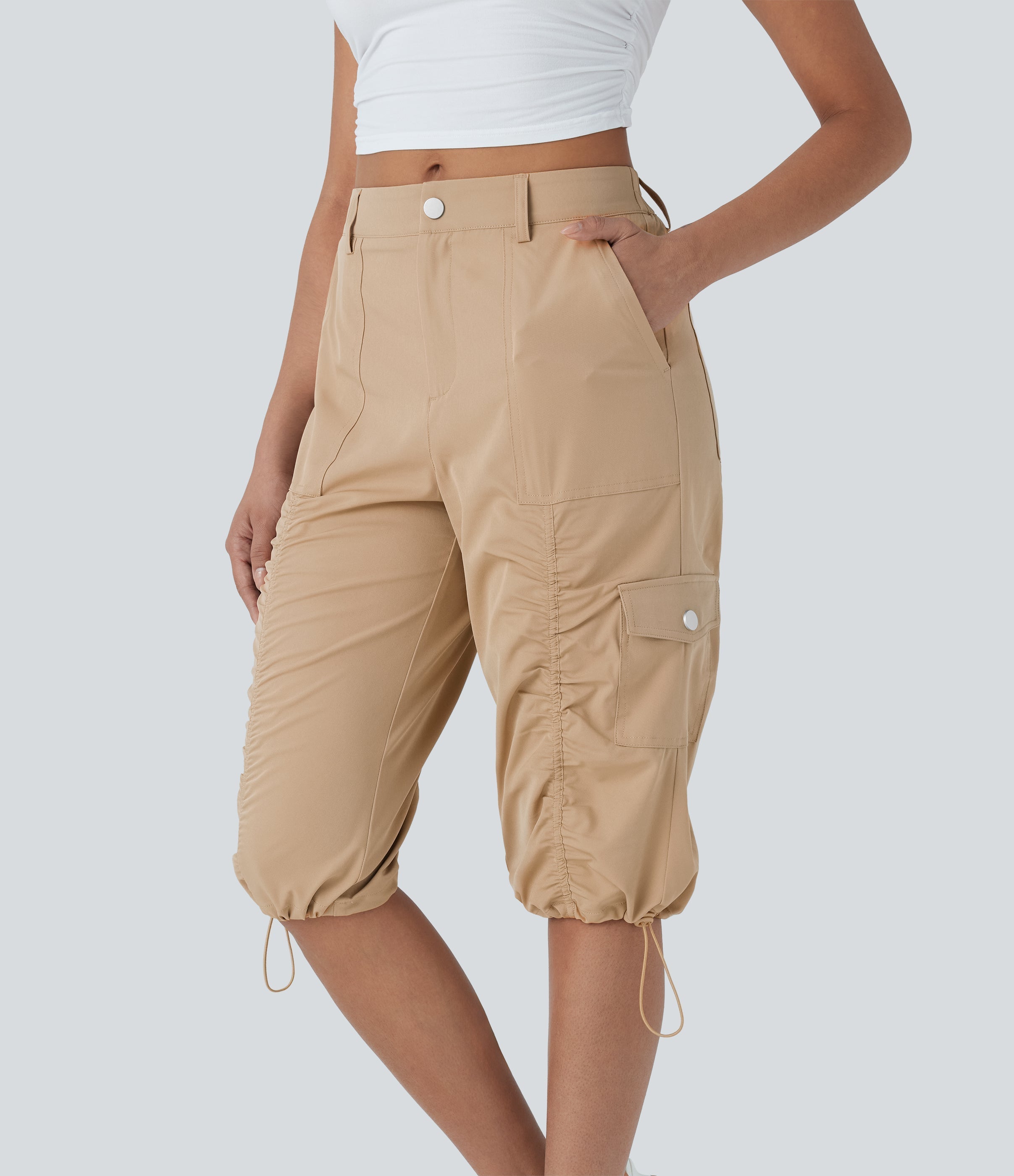 Mid-Rise Ruched Cargo Quick-Dry Casual Pedal Pusher Pants with Pockets