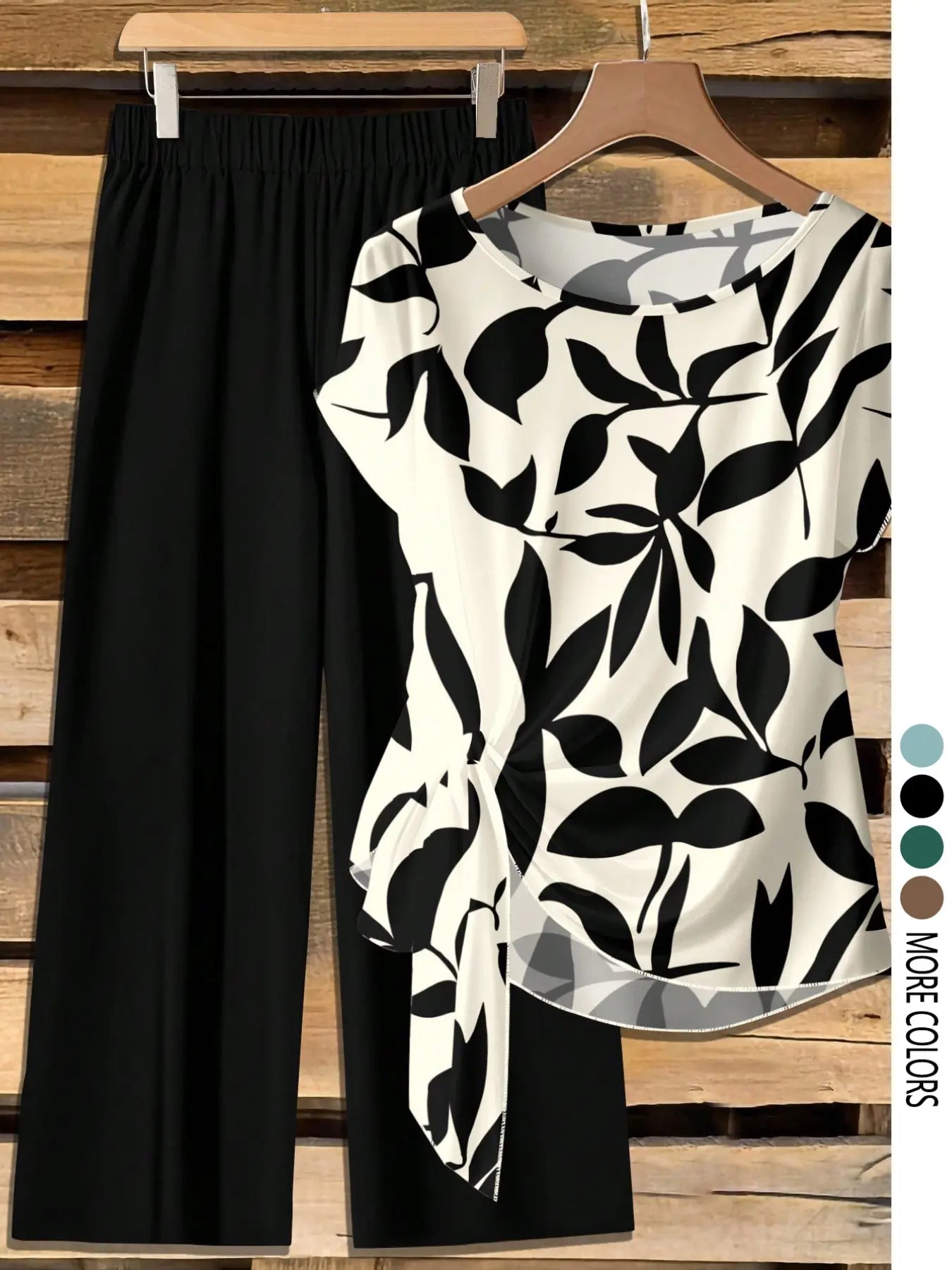 Women's Casual Printed Necktie Shirt and Loose Straight Pants Set, Perfect for Spring and Summer, Comfortable Two-Piece
