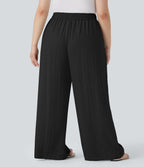 High Waisted Drawstring Linen-Feel Wide Leg Casual Plus Size Pants with Pockets