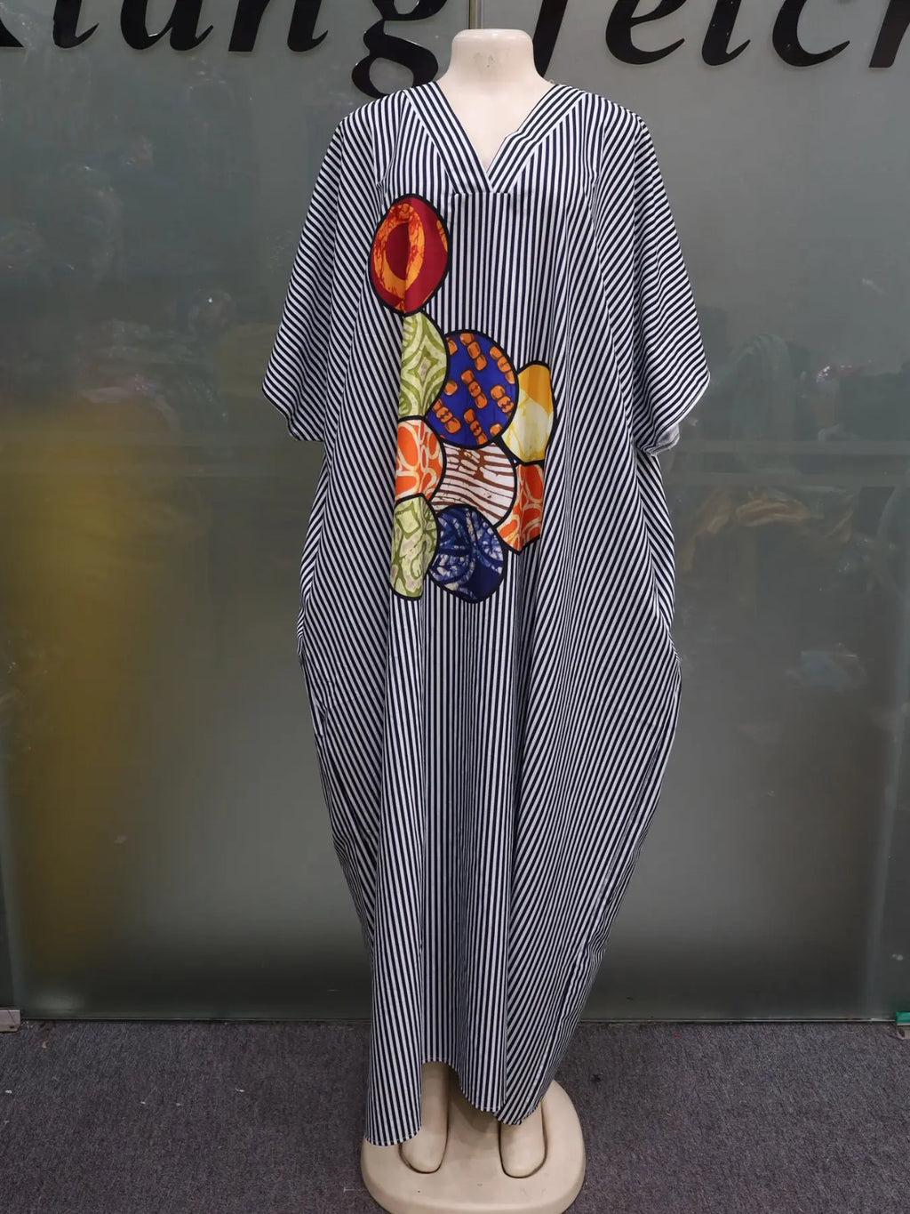 Plus Size Women's Fashion Chic Striped Print V-Neck Dress, Casual Daily Wear, Ethnic Boubou Kaftan for Party & Beach
