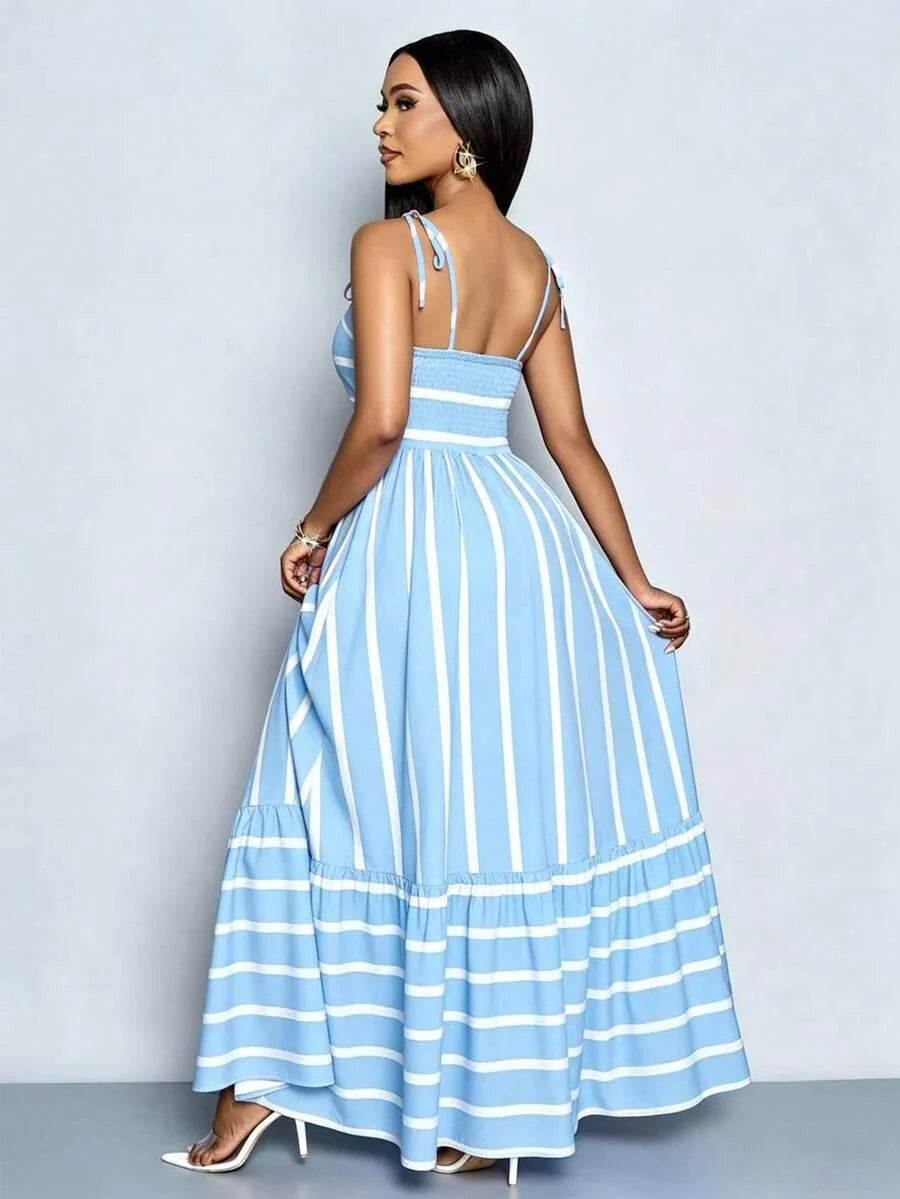 Women's Blue And White Stripe Flowing Maxi Dress,Summer Elegant Holiday Tea Party Holiday,Shoulder Straps Chest Gathering,Beach Casual Gown