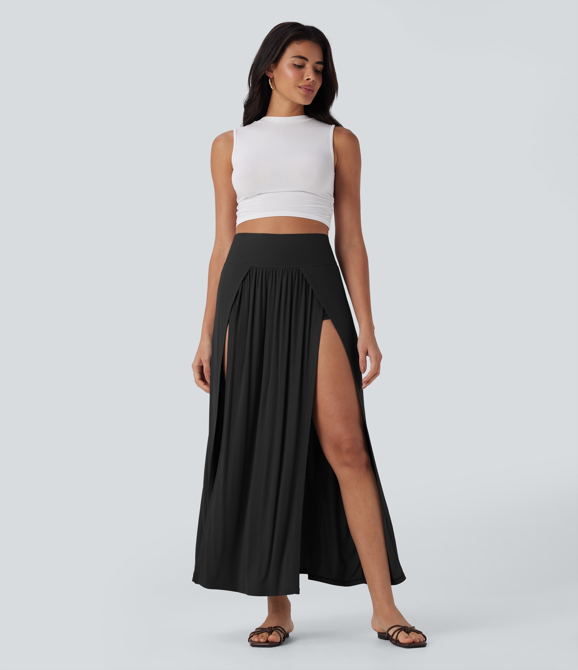 SoCinched Ribbed High Waisted Tummy Control Draped 2-in-1 Maxi Casual Skirt