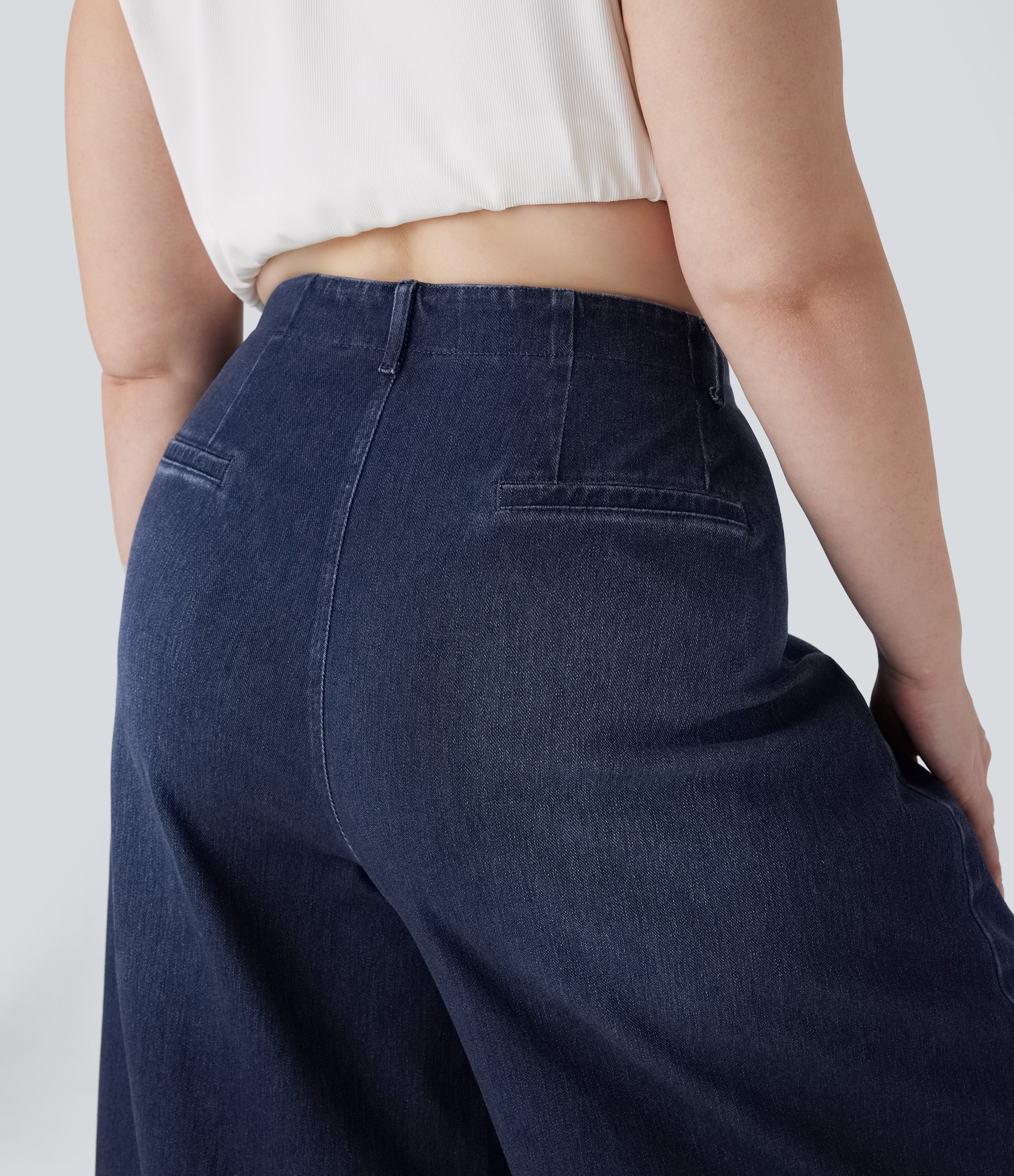 FlexTM High Waisted Pockets Washed Casual Wide Leg Plus Size Jeans