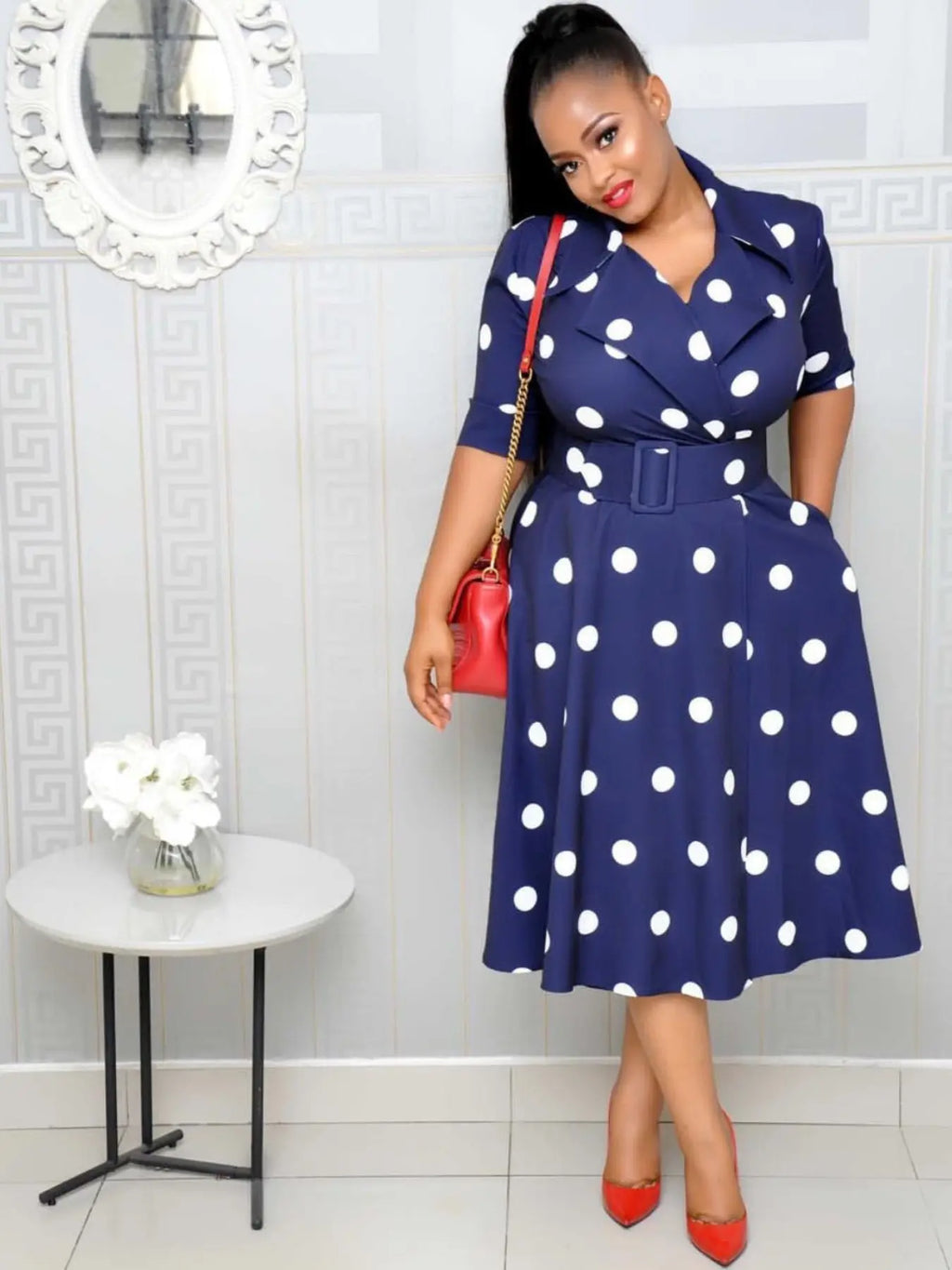 Elegant Chic Women's Midi Dress with Belt, Polka Dot Pattern, Short Sleeve