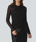 Sheer Mesh Crossover V Neck Ruched Casual Top