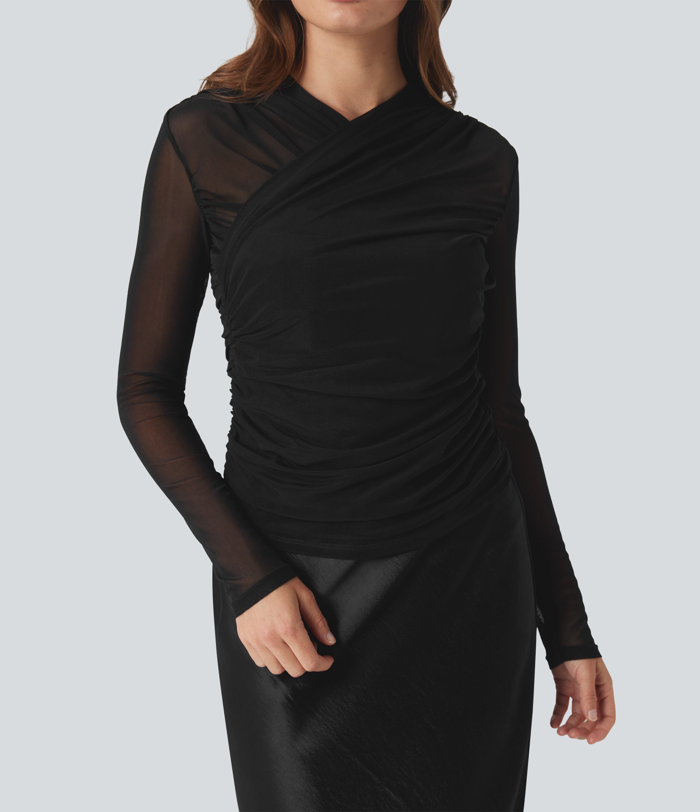 Sheer Mesh Crossover V Neck Ruched Casual Top