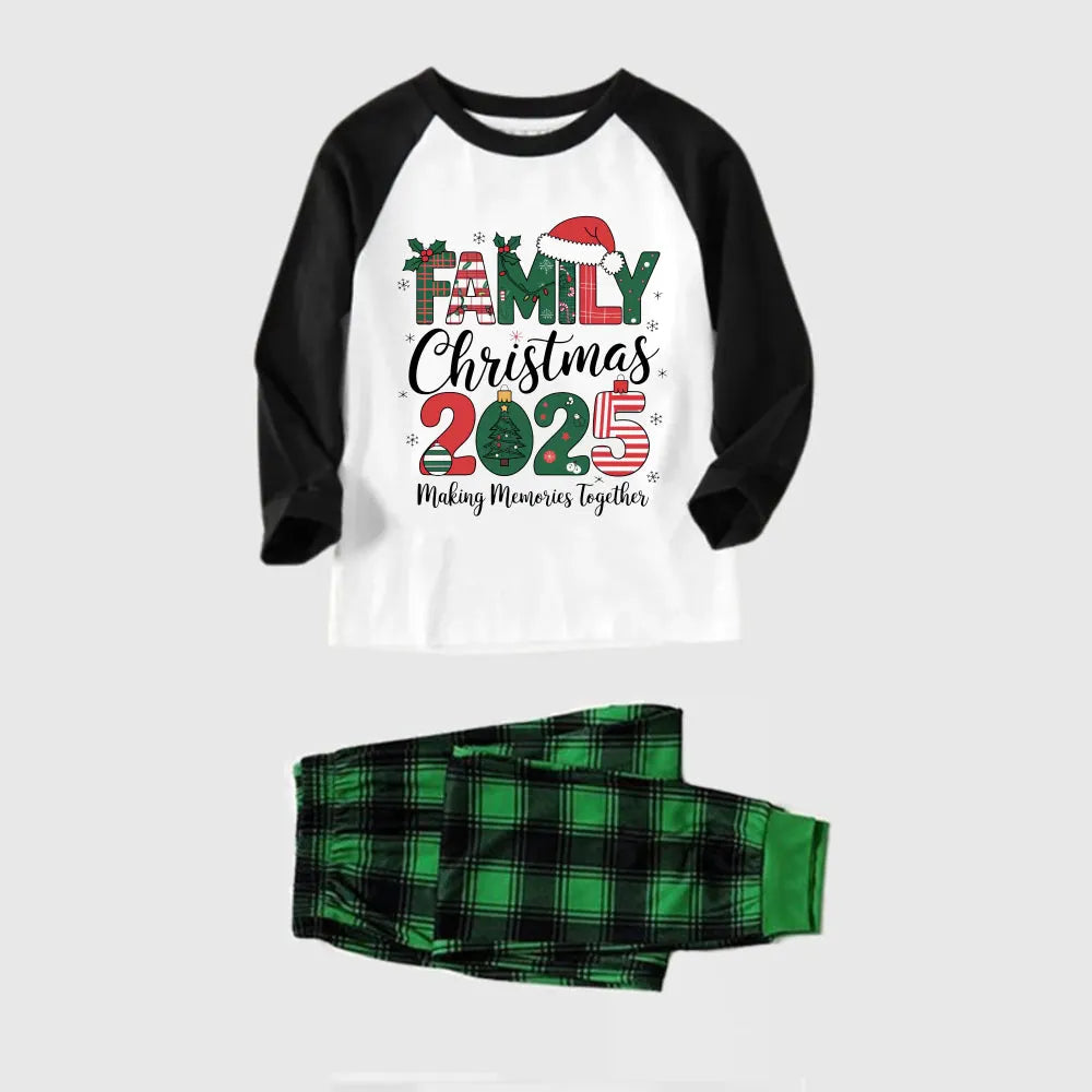 Black Raglan Top Green Plaid Christmas Pajamas Set With Holiday Lettering