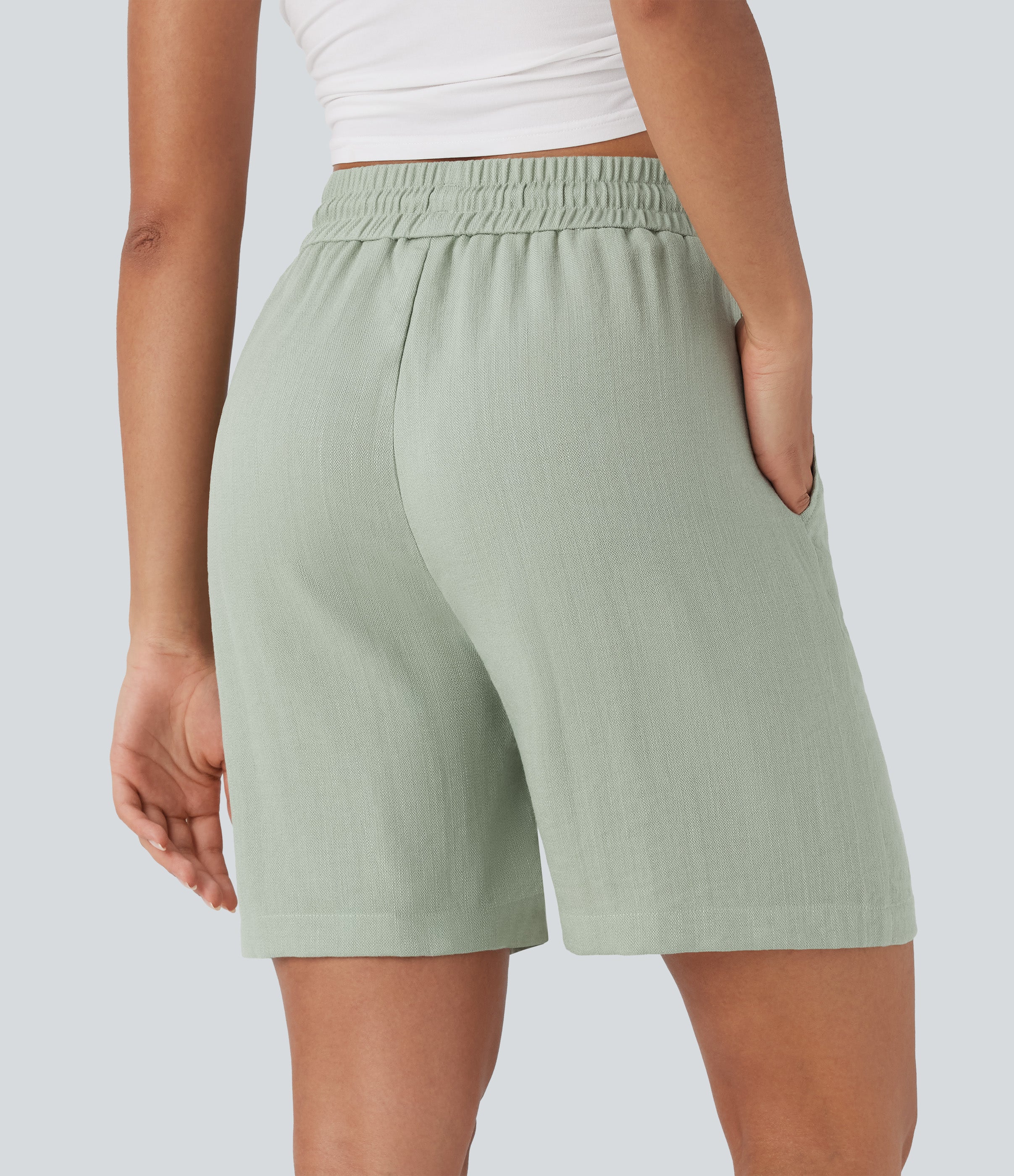 High Waisted Drawstring Casual Linen-Feel Shorts with Pockets