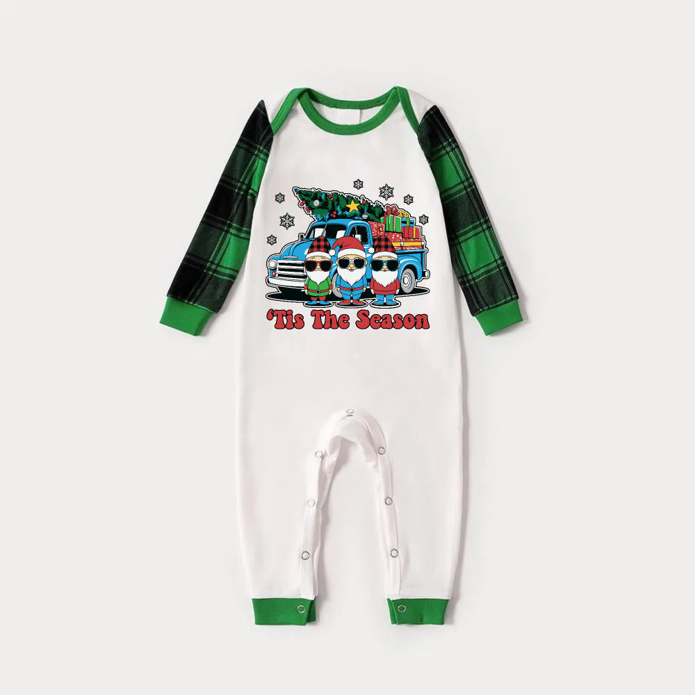 Green Raglan Top Green Plaid Christmas Pajamas Set With Colorful Gnomes and "Tis The Season" Print