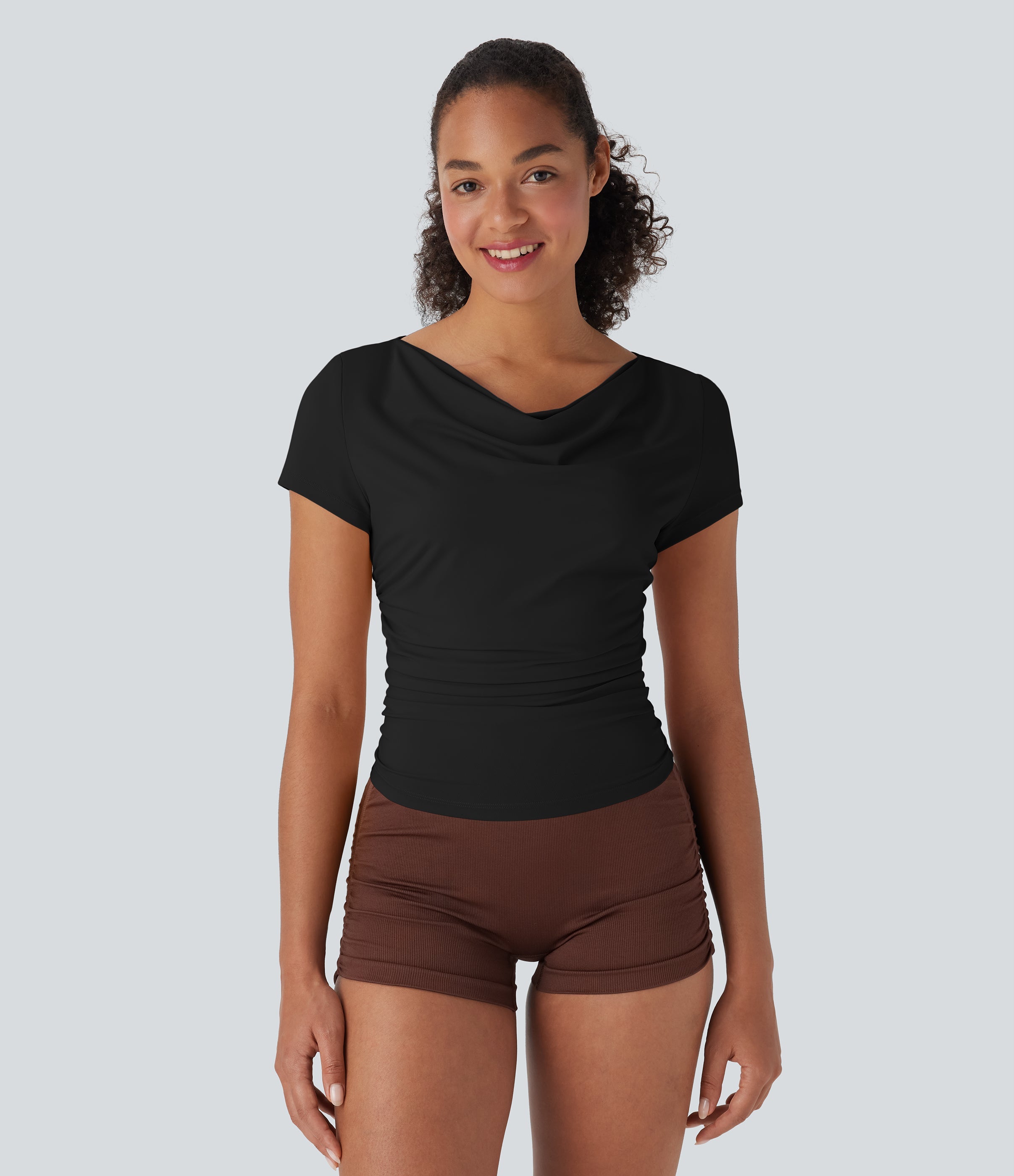 Cowl Neck Short Sleeve Ruched Yoga Top