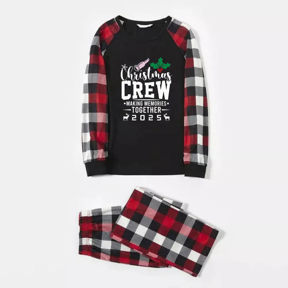Christmas Family Matching Pajamas-Red and Gray Plaid Pjs set with “Christmas Crew” Artistic Font Print