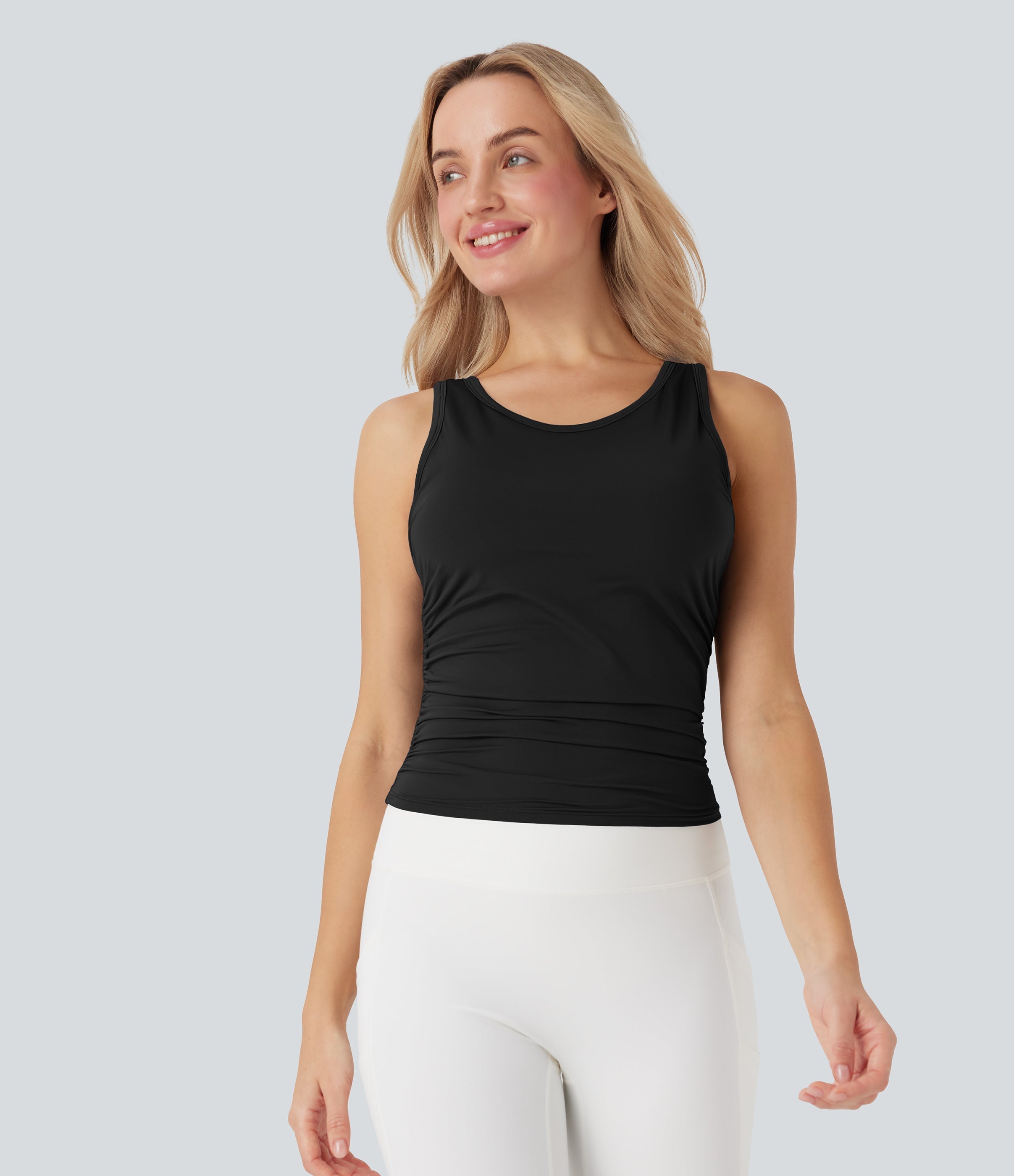Round-Neck Racerback Ruched Built-in Bra Cool Touch Yoga Tank Top