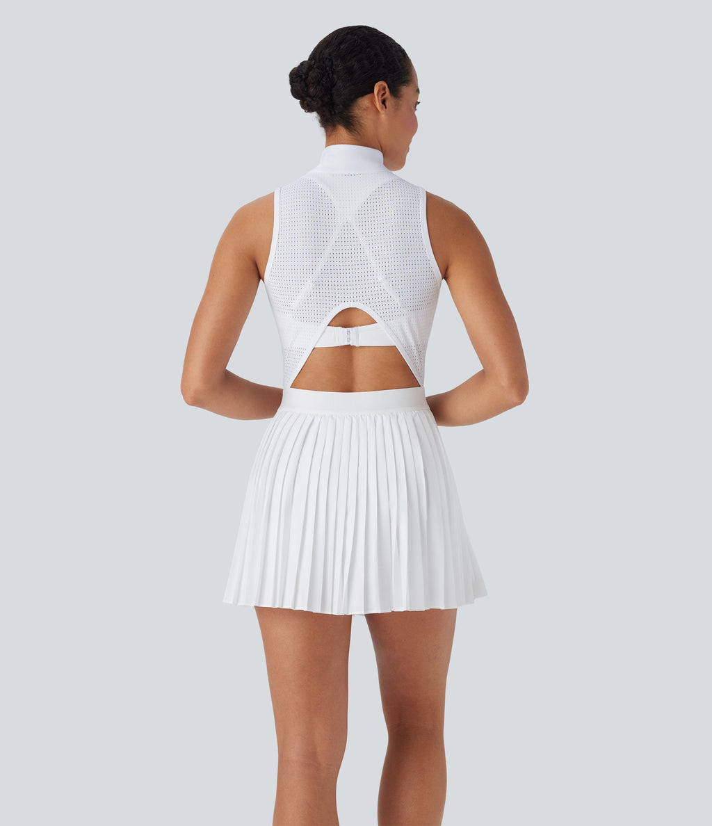 BreezefulTM Sleeveless Cut Out 2-in-1 Pleated Quick Dry Mini Tennis Active Dress with Pockets