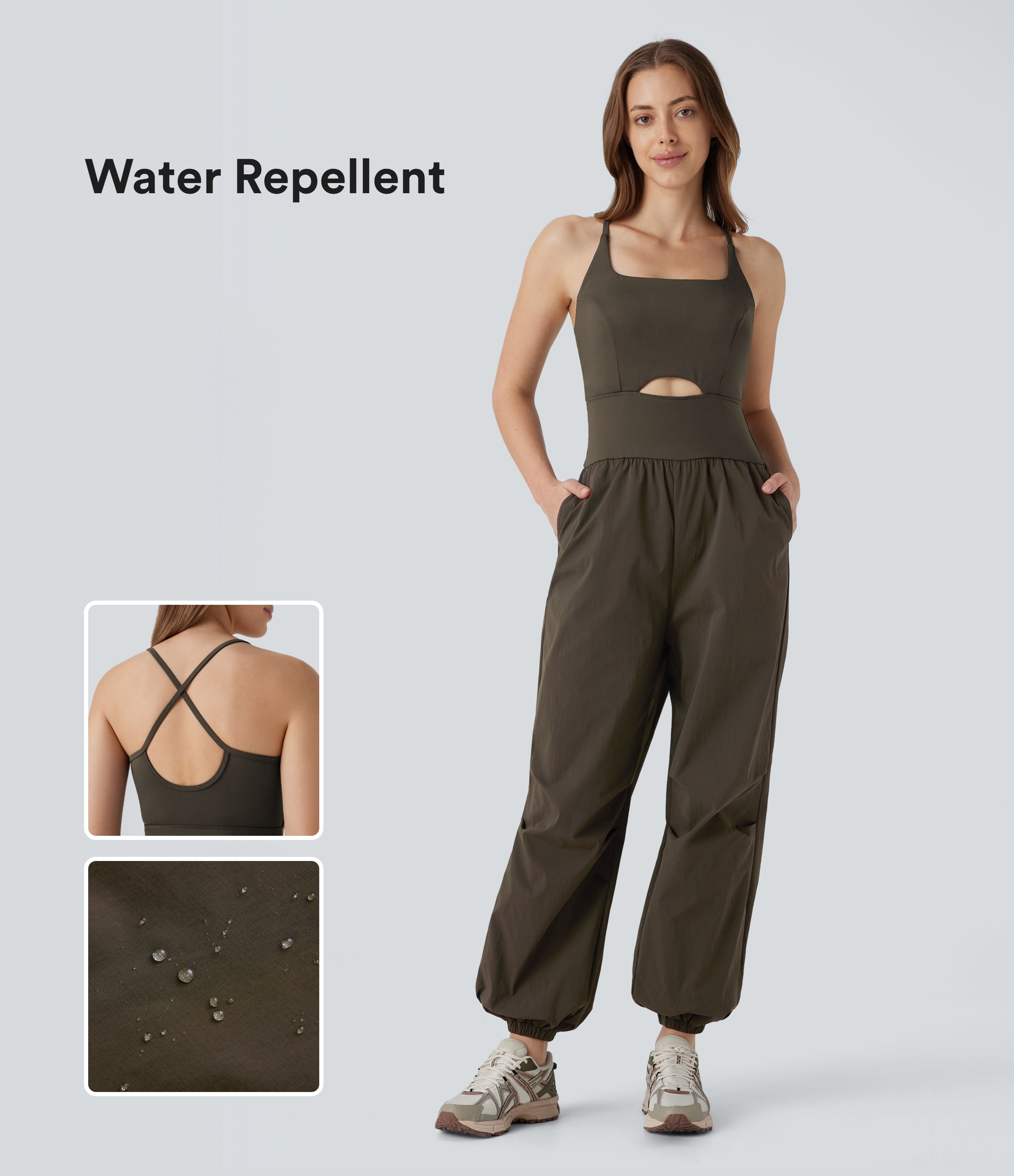 Water Repellent Crisscross Backless Side Pockets Ripstop Hiking Cargo Jumpsuit