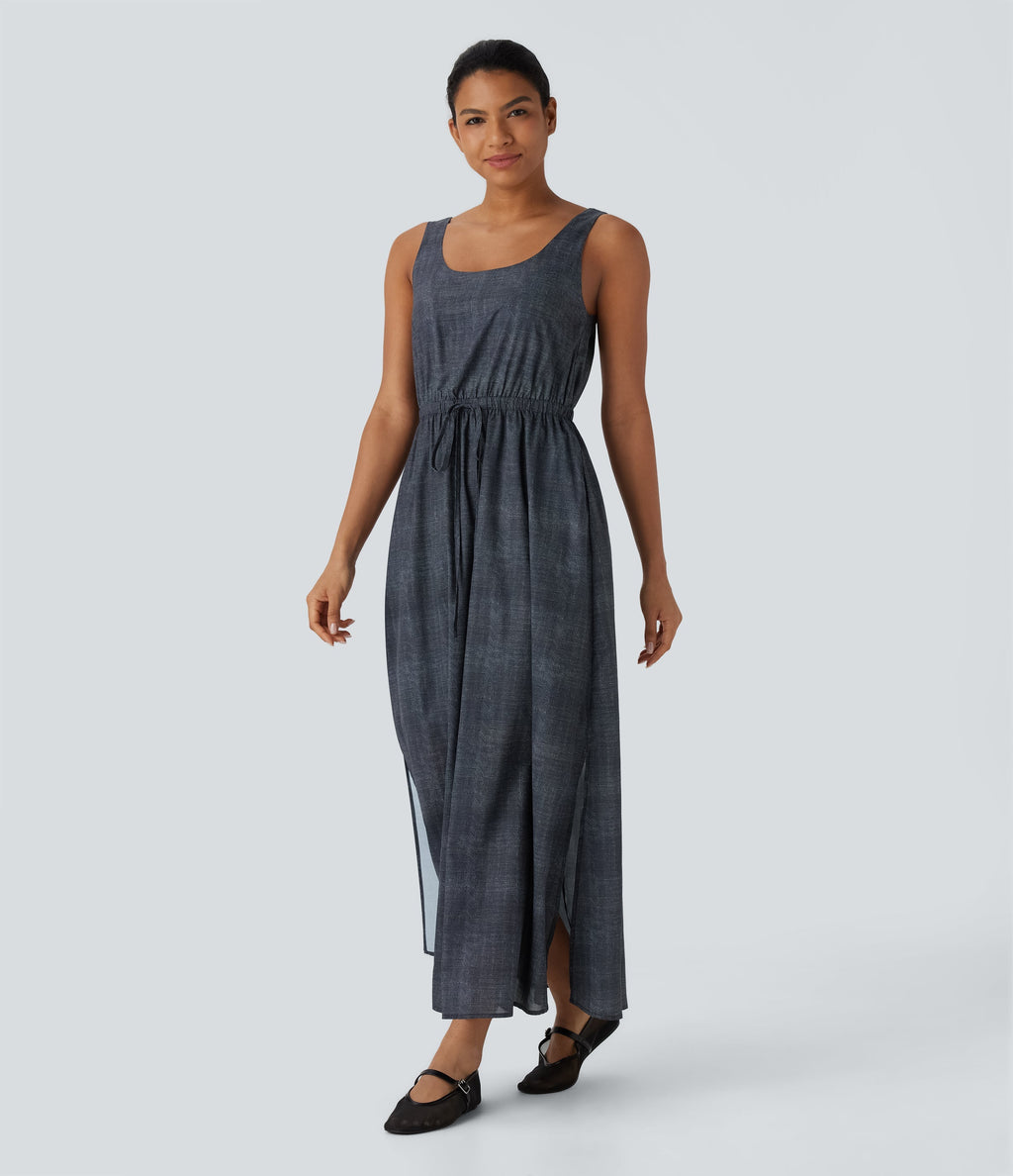 Sleeveless Drawstring Maxi Casual Dress with Pockets