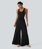 U Neck Racerback Drawstring Casual Jumpsuit with Pockets