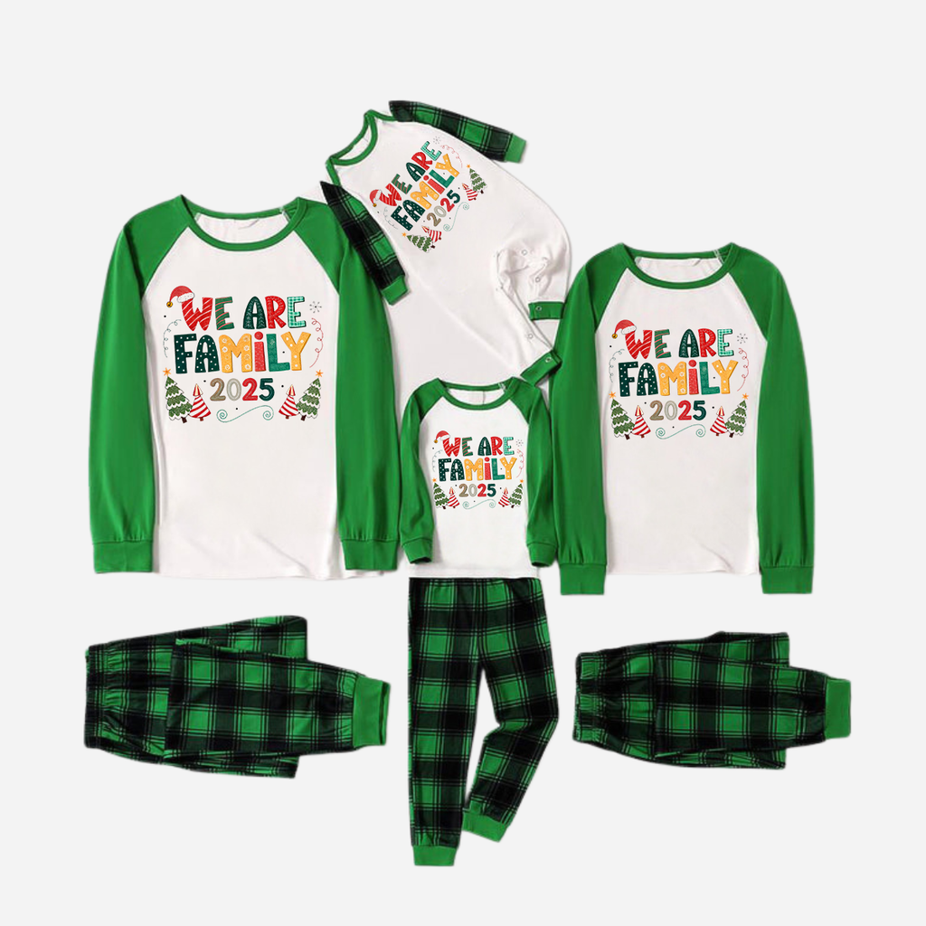 Green Raglan Top Green Plaid Christmas Pajamas Set With "We are Family" Colorful Text Print