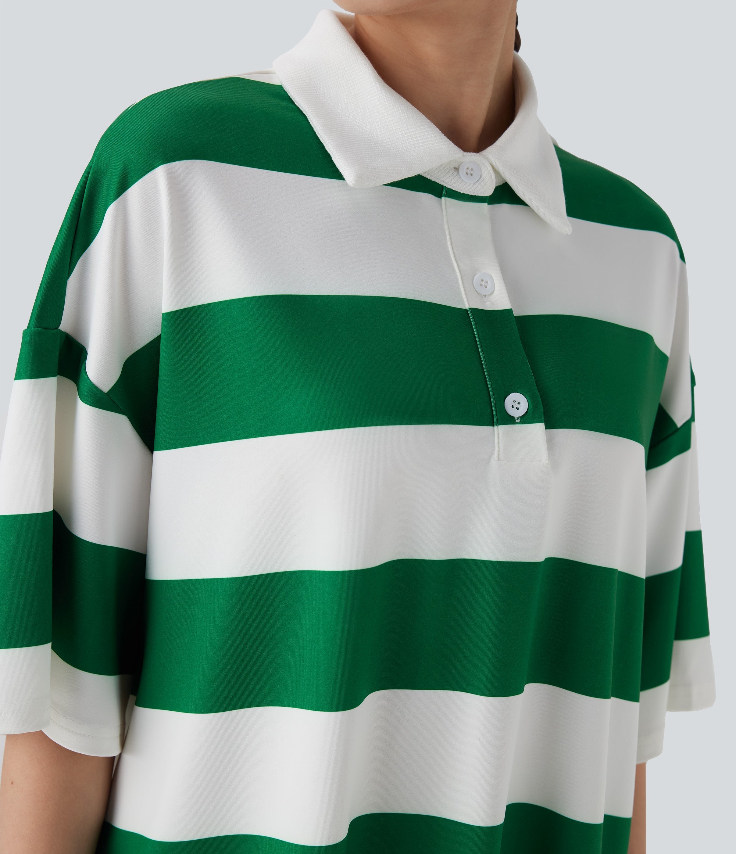 Polo Neck Dropped Shoulder Colorblock Stripe Oversize Casual T-Shirt